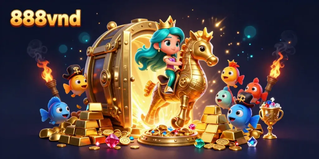 Experience the excitement of 888vnd with a vibrant animated scene featuring a mermaid and treasure.
