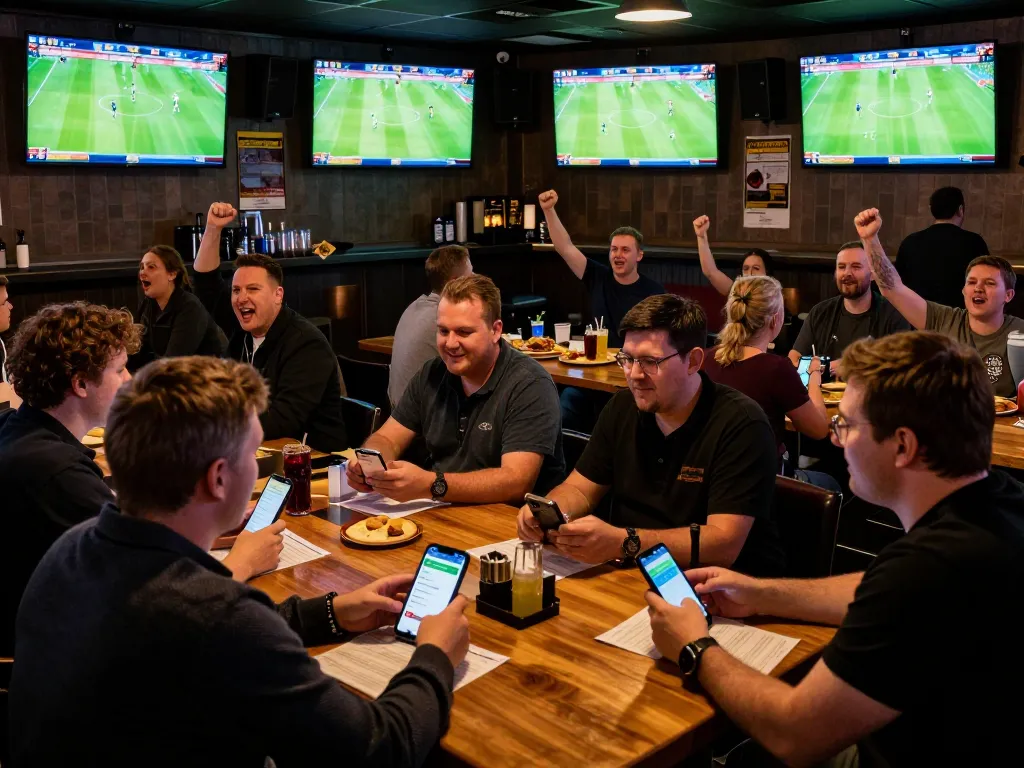 Engaged sports bettors using the nowgoals app at a lively sports bar with multiple screens showing live games.