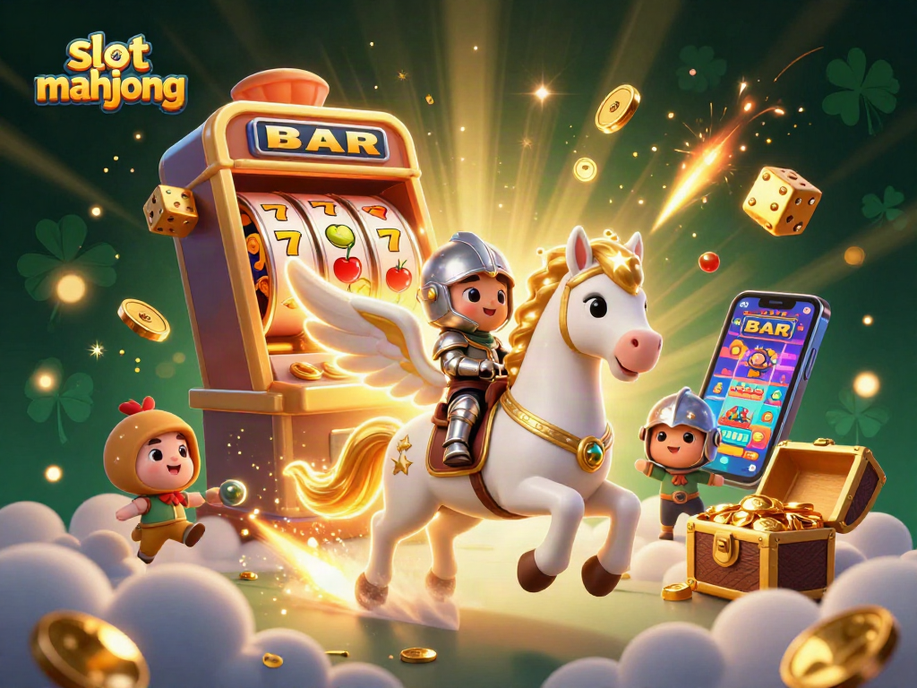 Engage in slot mahjong with a vibrant illustration showcasing luck symbols and dynamic gaming elements.