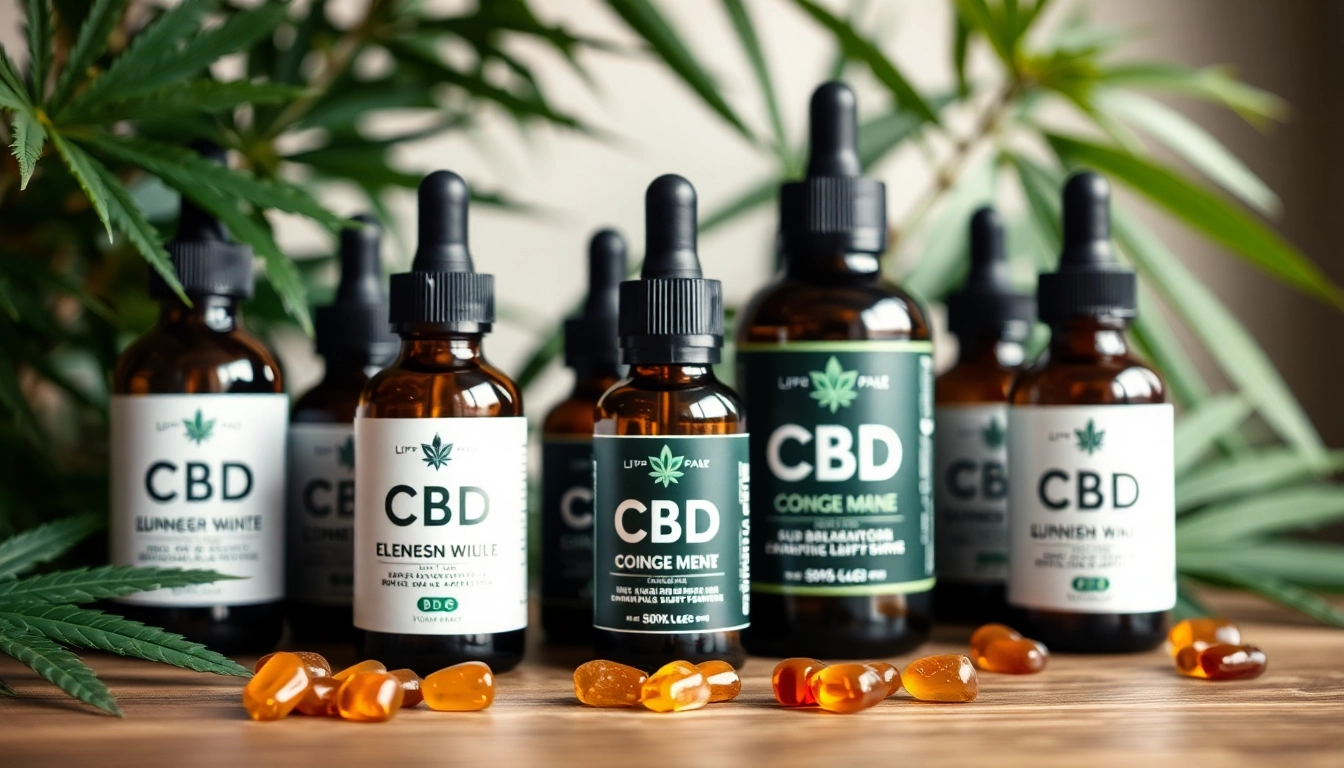 Showcasing CBD oil bottles and gummies on a wooden table, surrounded by hemp leaves.