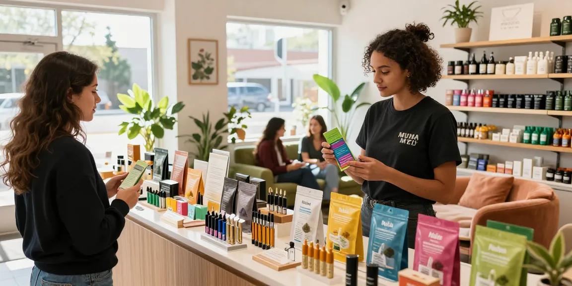 Customers exploring Muha Med cannabis products in a vibrant retail store showcasing cartridges and disposables.