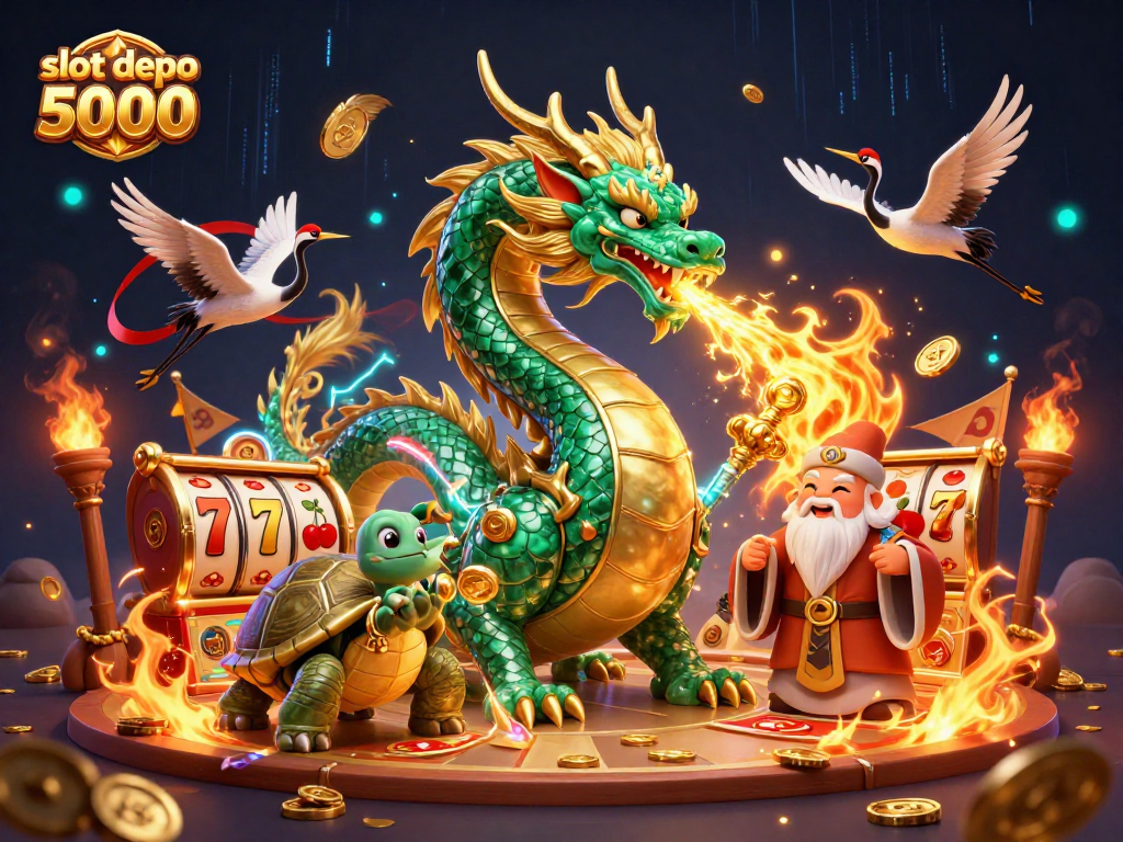 Experience thrilling gameplay with slot depo 5000 featuring vibrant symbols and captivating dragon art.