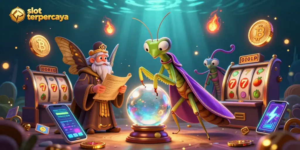 Jelajahi slot terpercaya dengan ilustrasi 3D menampilkan makhluk misterius dan elemen slot yang memukau.