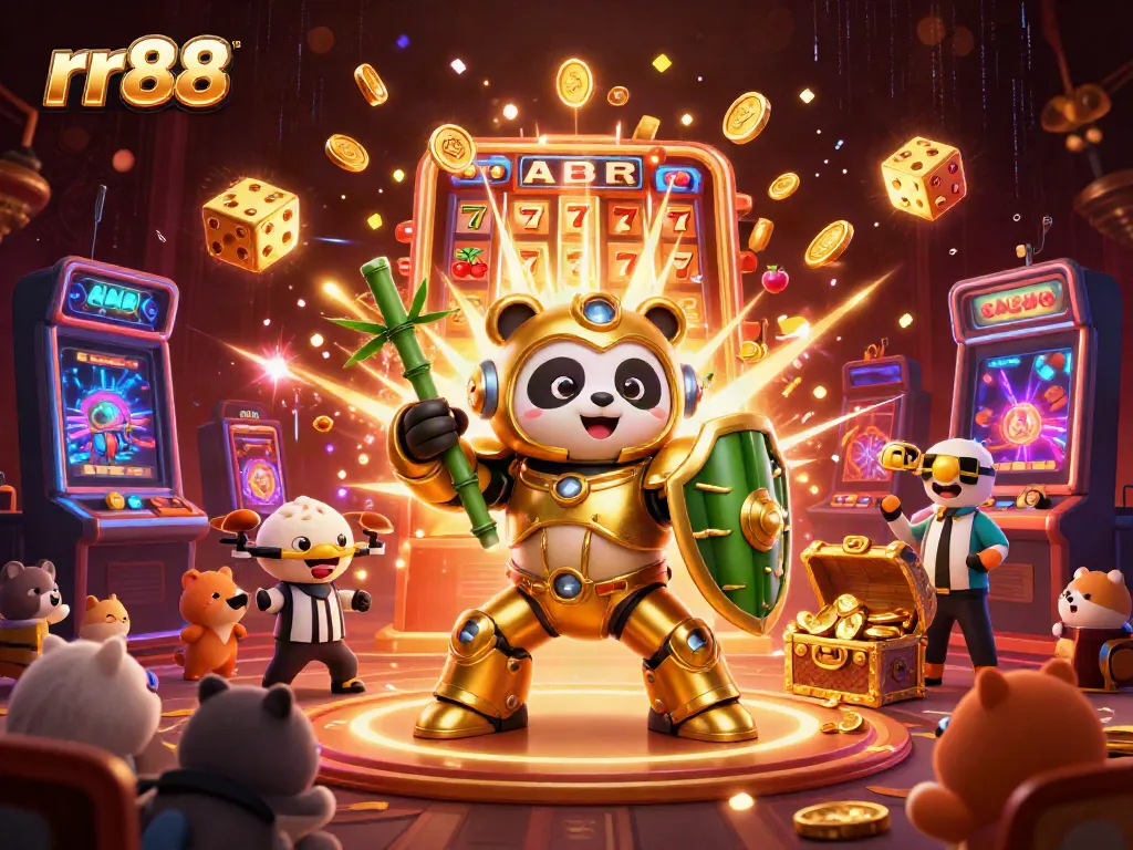 Experience thrilling jackpots at rr88 with an epic 3D panda robot in a vibrant casino arena