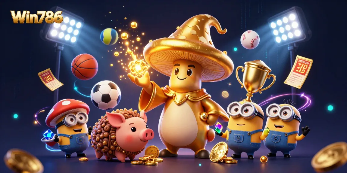 Win786 offers thrilling betting and gaming excitement with a cartoon wizard and pig seeking treasure.