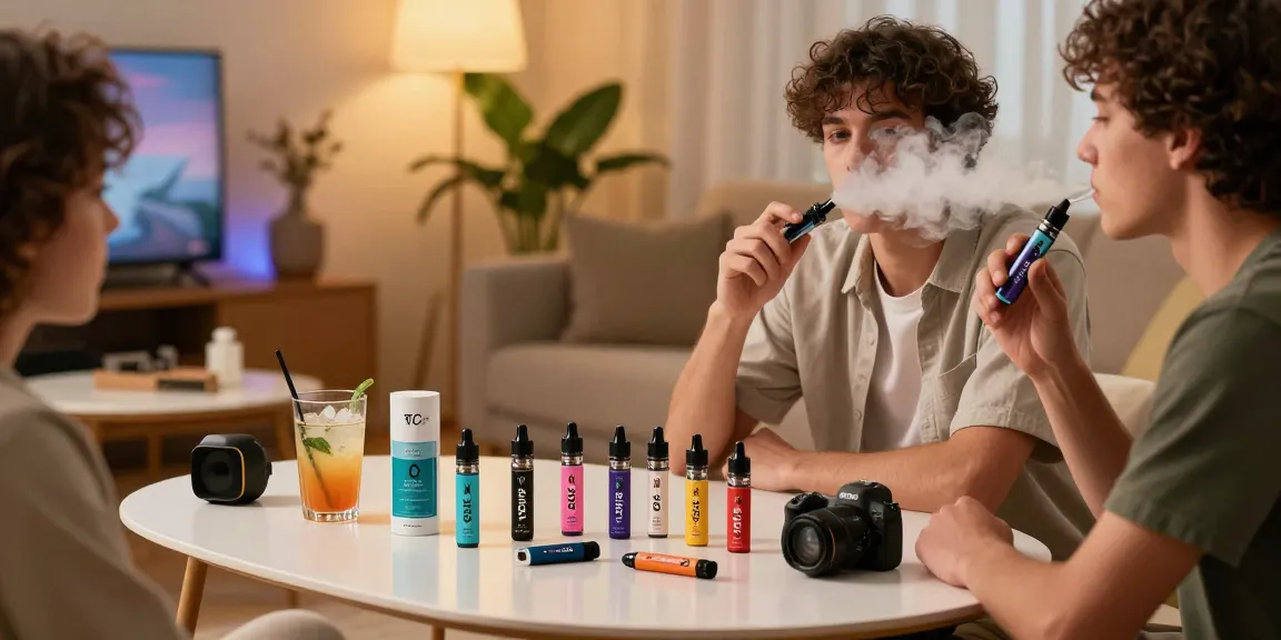 THC vape uk scene featuring two friends enjoying clean-label vaping products in a cozy living room.