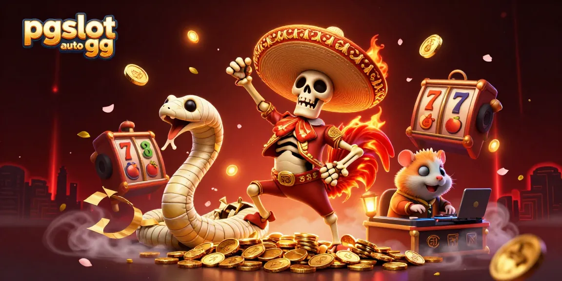 Experience excitement with pgslot auto gg, featuring vibrant characters celebrating on a gold coin pile.