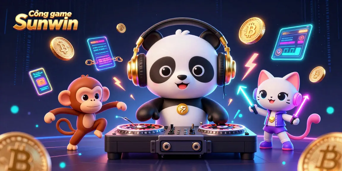 Cổng game Sunwin features an energetic DJ panda, dancing monkey, and glowing kitten enhancing the casino atmosphere.