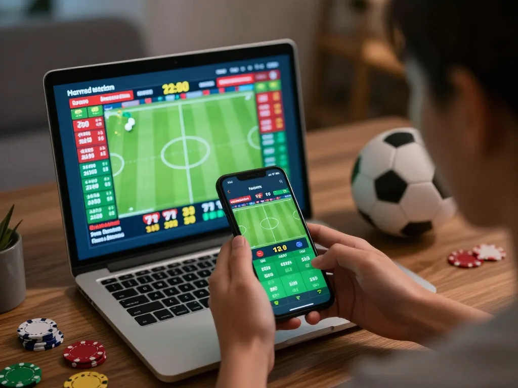 Engaging scene of Trang Chủ RR88 featuring live sports betting on a smartphone, conveying excitement and real-time action.