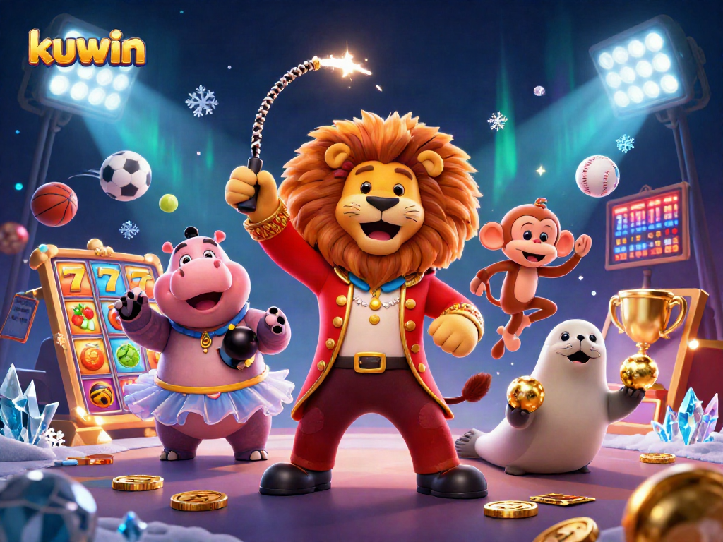 Kuwin presents an exciting 3D illustration depicting a dynamic casino scene with vibrant characters and playful gaming elements.