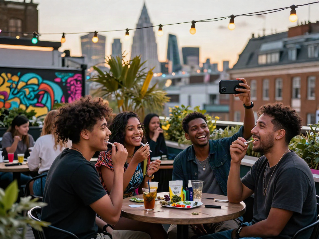 Friends enjoying Weed London on a trendy rooftop, sharing laughs and cannabis products against a city skyline backdrop.