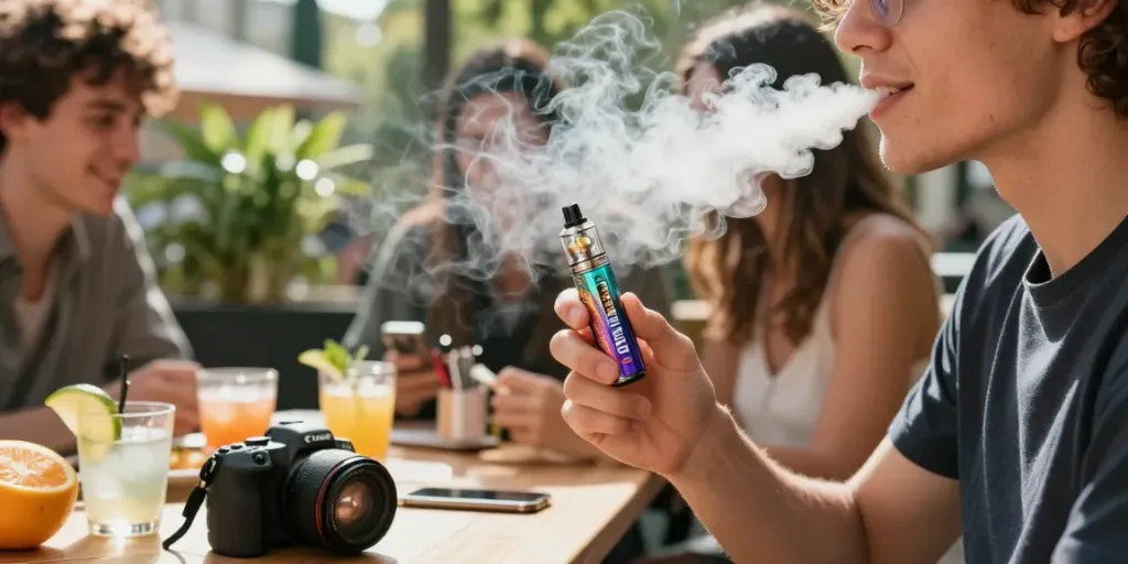 Al Fakher Crown Bar 8000 Crystal V2 in der Hand eines Freundes, der entspannt im Café sitzt und Vapor ausstößt, umgeben von einer einladenden Atmosphäre und frischen Früchten.