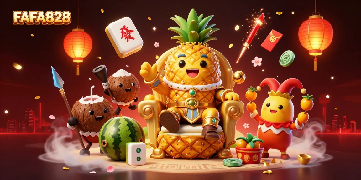 Experience the excitement of FAFA828's vibrant casino scene with 3D characters and festive decorations.