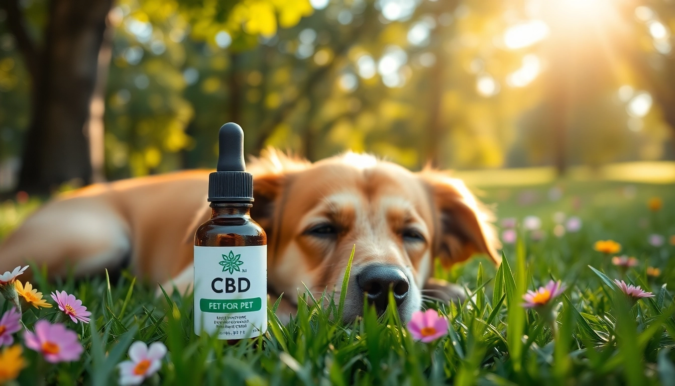 Calm dog with CBD For Pet oil in a natural setting, representing wellness and relaxation.