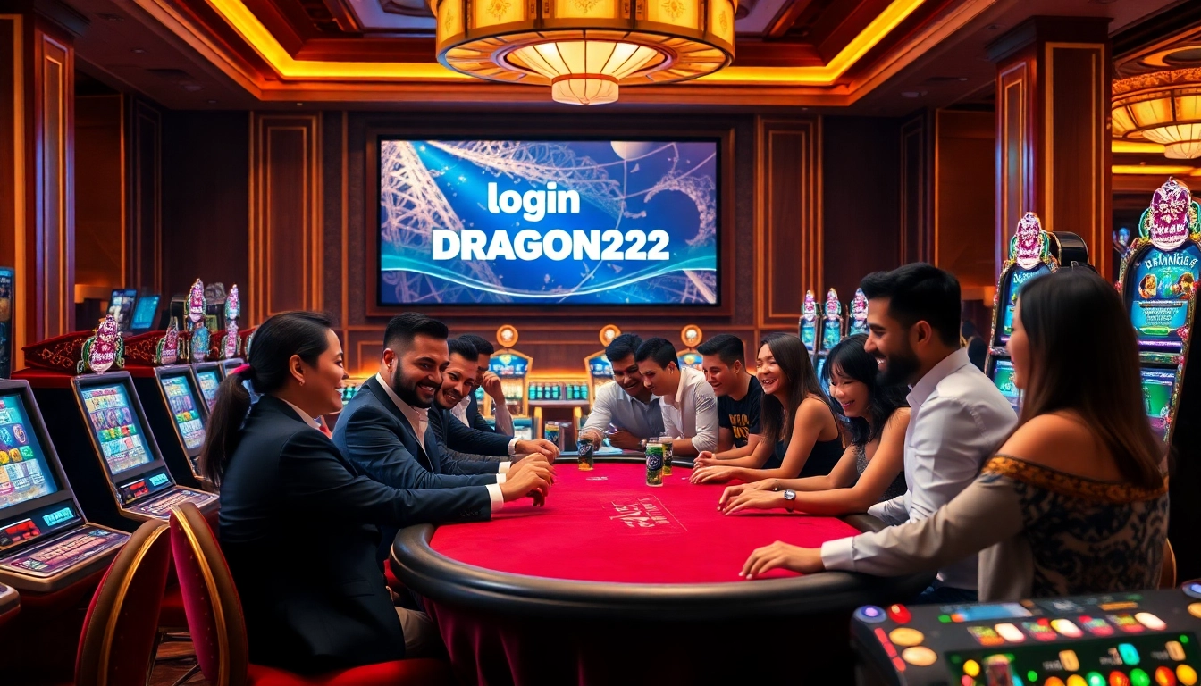 Engaging scene of gamblers celebrating wins at a casino while showcasing login DRAGON222 on a digital display.