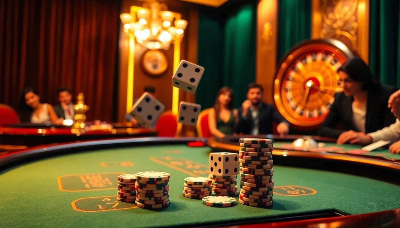 Experience the thrill of the 6L777 CLUB with dice rolling and stacked poker chips on a vibrant casino table.
