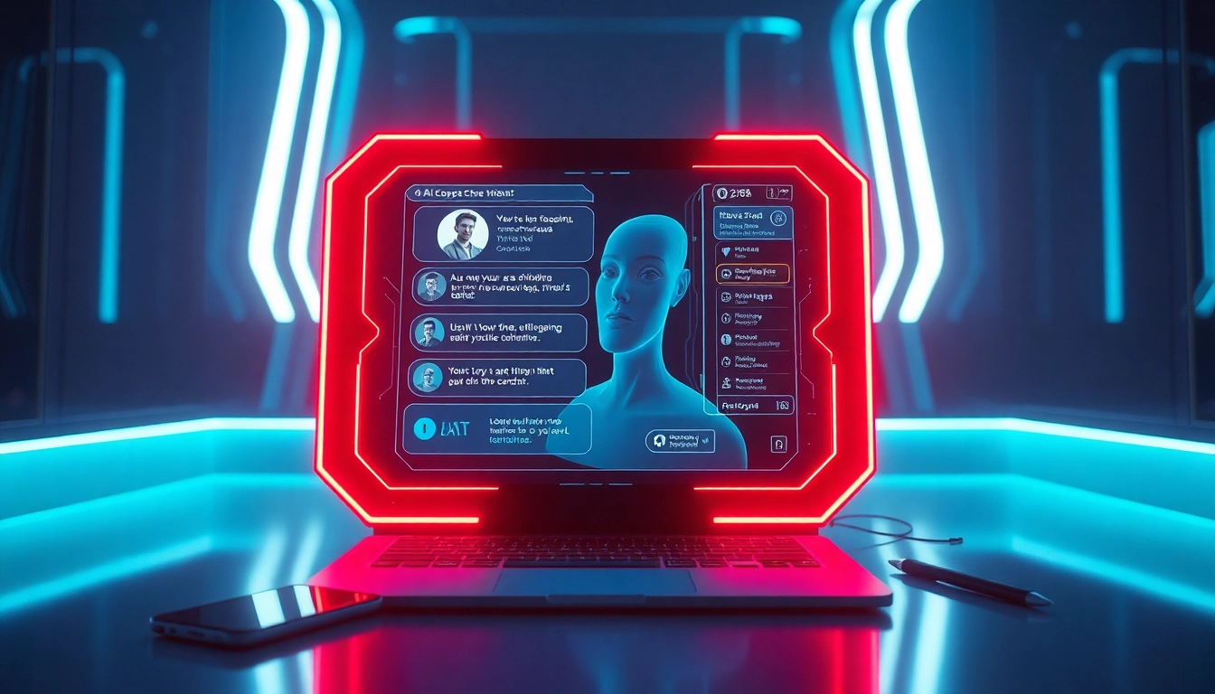 Engaging AI chat sex interface showcasing a virtual character in a high-tech, inviting setting.