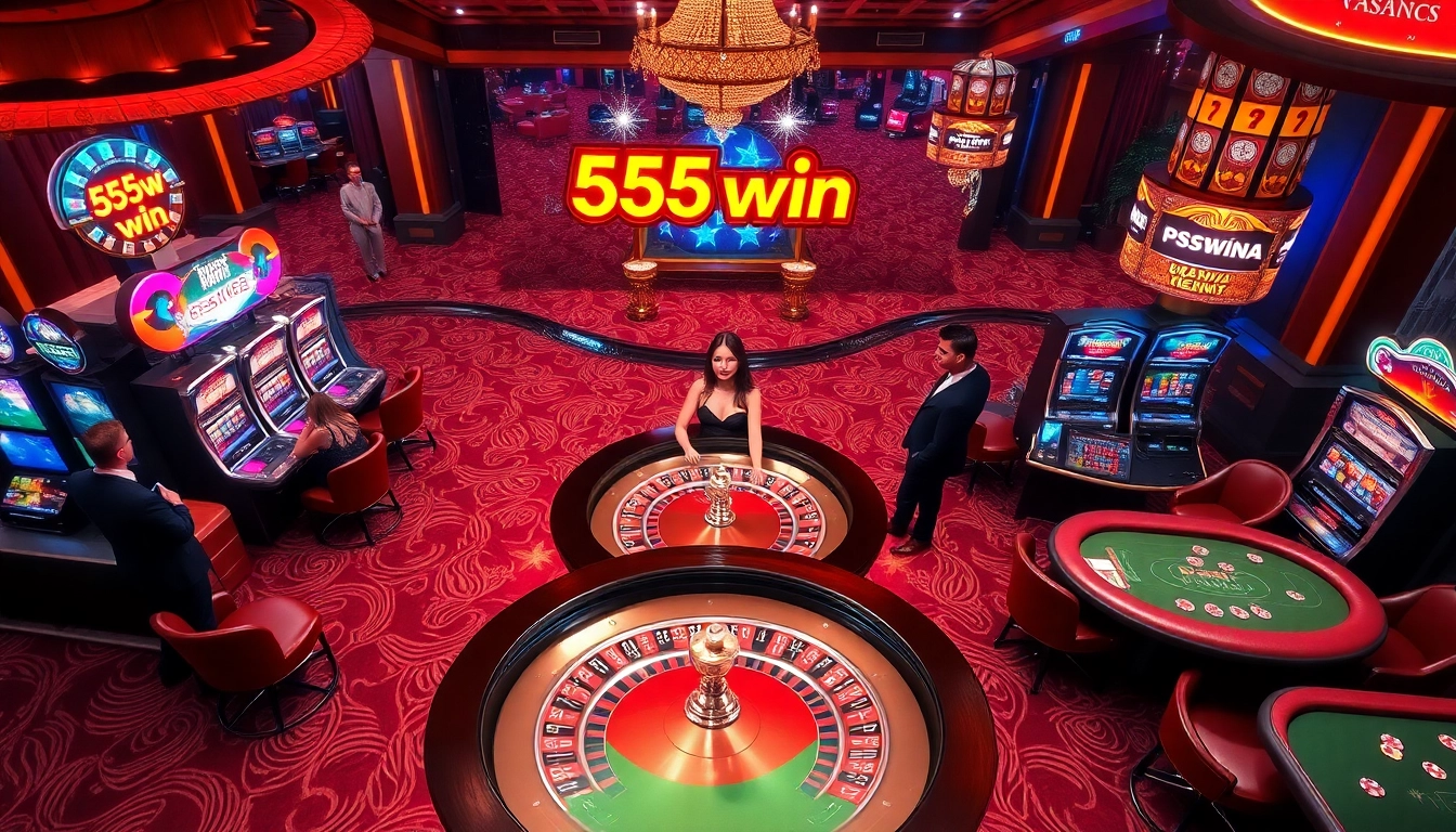 Experience the thrill of casino gaming at 555win, featuring vibrant tables and engaged players.