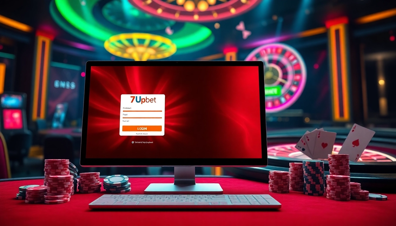 The colorful 7upbet login interface showcased amidst a luxury casino ambience, with poker chips and cards around.