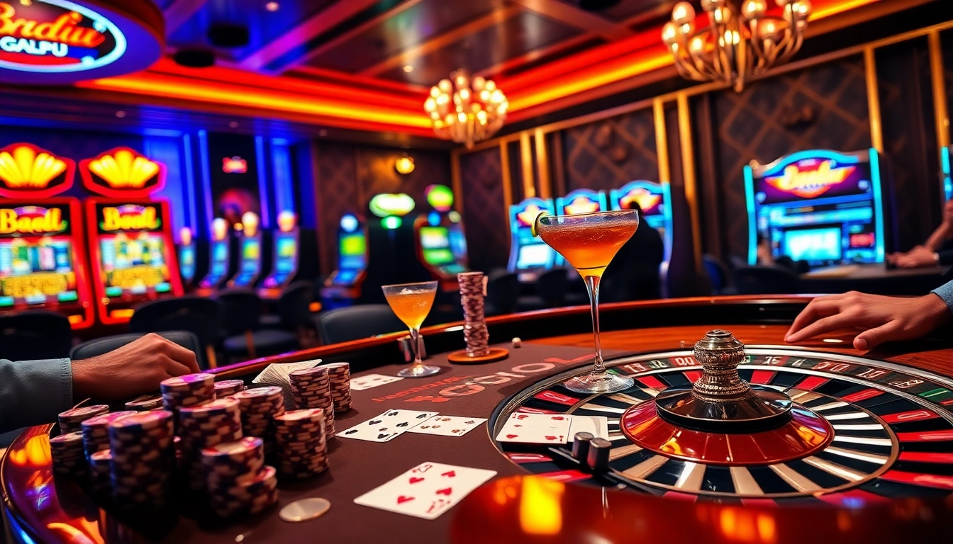 Players enjoying an exciting card game at b52club, showcasing poker chips and a roulette wheel.