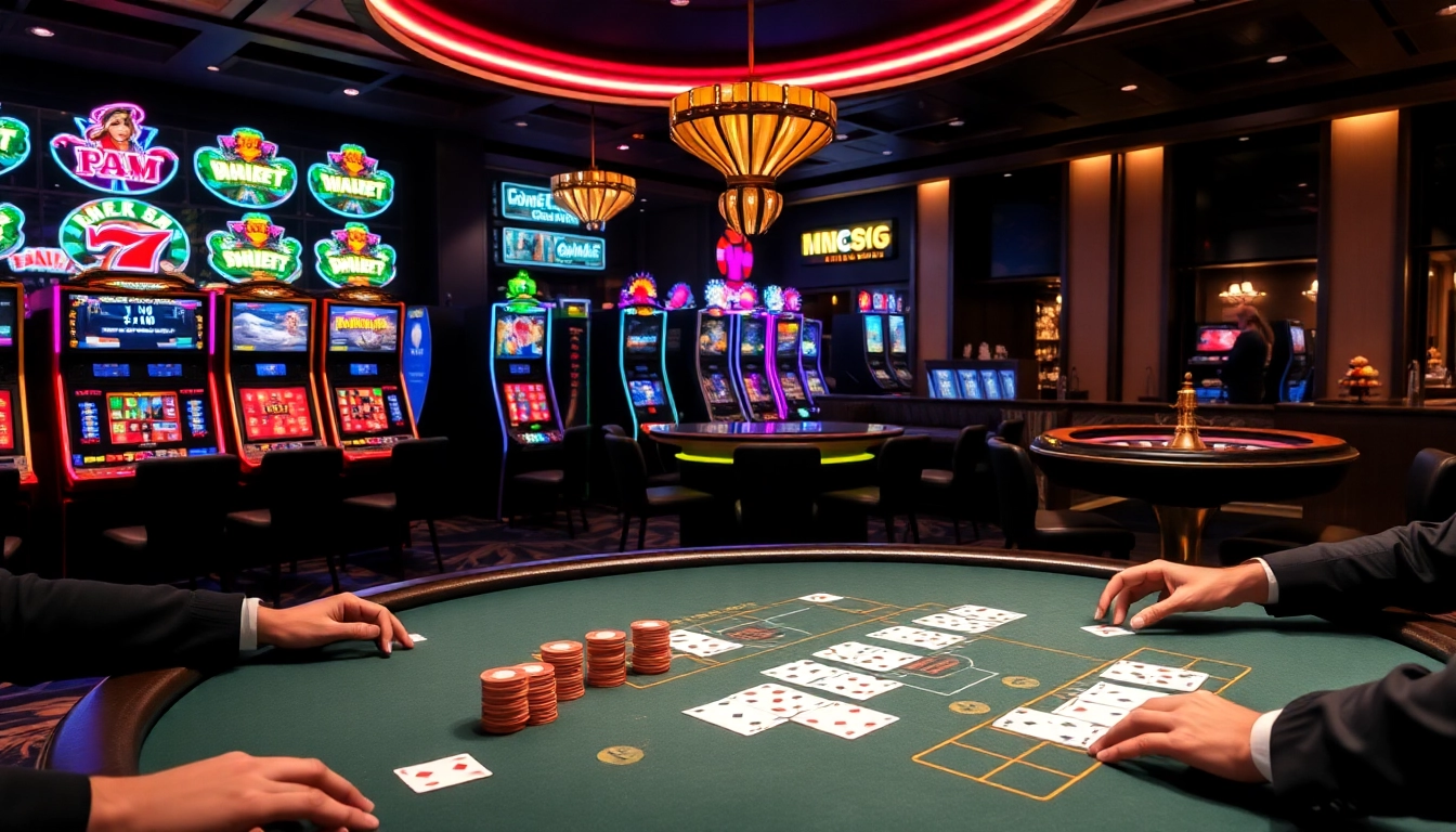 Engaging poker action at mm88 kjc casino with vibrant chips and illuminated slot machines.