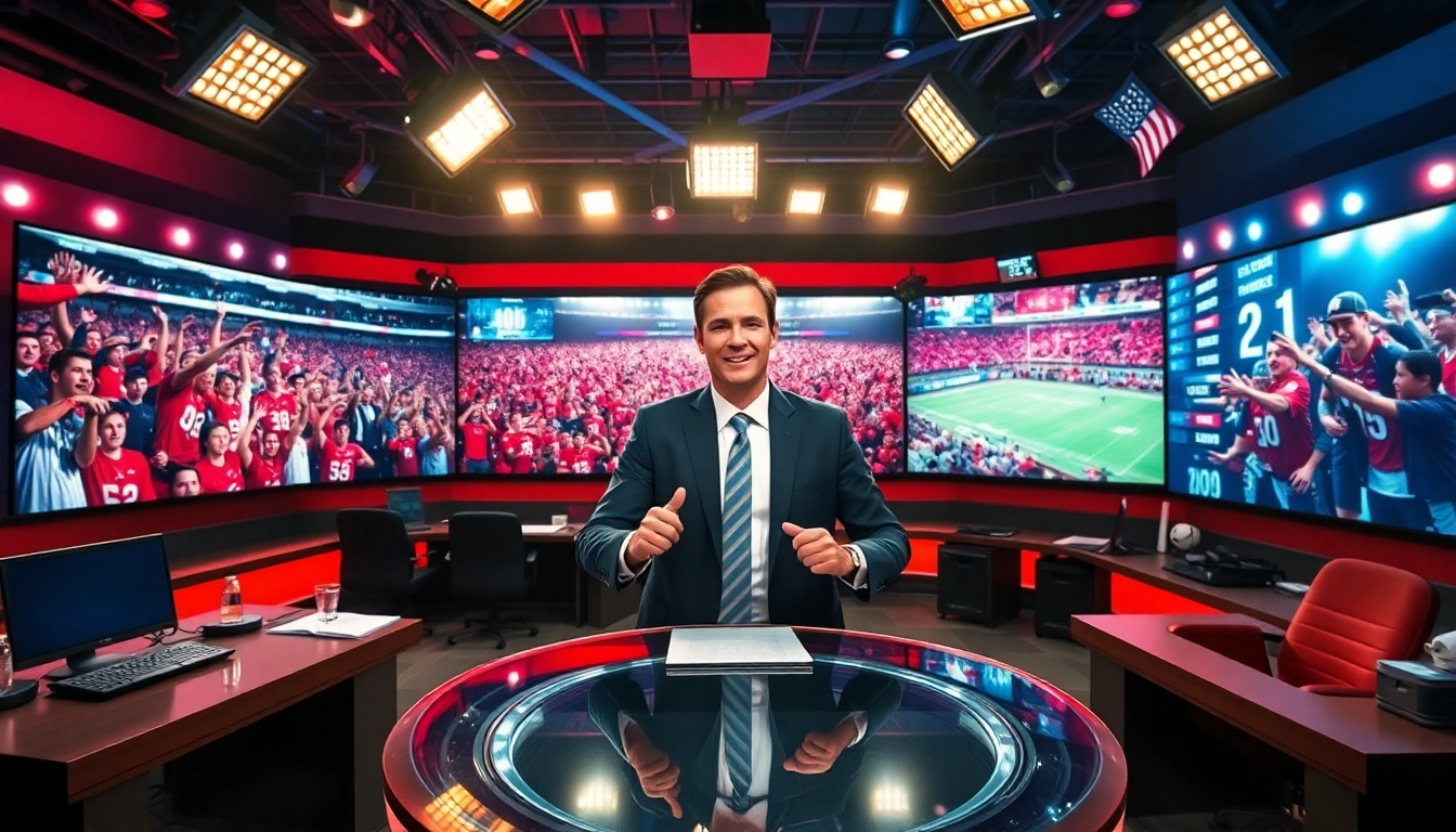Engaging sports broadcasting scene featuring an anchor delivering live highlights.