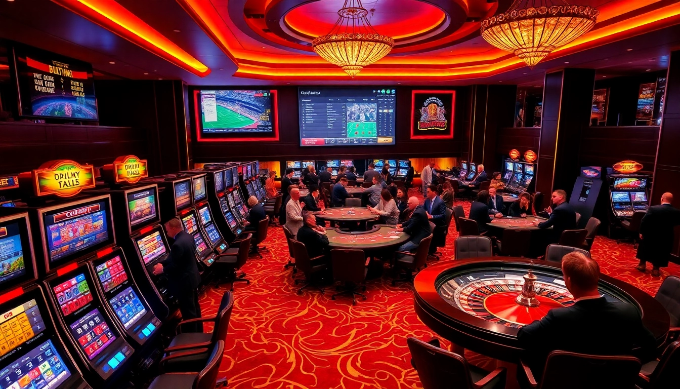 Gambling experience at https://hanoiculturetravel.com/ featuring slot machines, poker tables, and dynamic sports betting.
