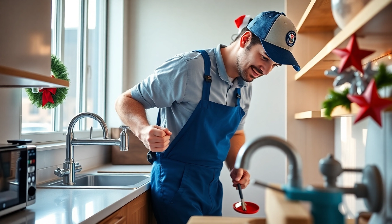 Emergency plumbers on holidays or weekends fixing a leaky faucet in a NYC apartment.