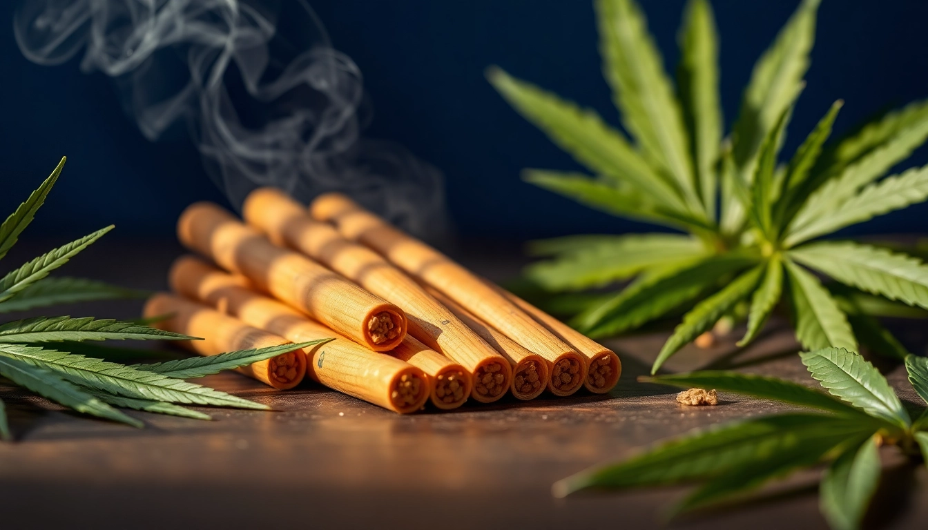 Showcase of delta 8 prerolls amidst fresh hemp leaves, inviting relaxation and enjoyment.