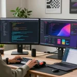 Engaging workspace for Telegram Download app development featuring dual monitors, vibrant code, and a modern tech atmosphere.