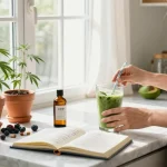 Comprar CBD online en un ambiente de cocina brillante con productos naturales y saludables.