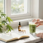Comprar CBD online con productos de calidad, aceites, y elementos naturales en una cocina luminosa.