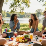 Friends enjoying GEEK Bar THC vape outdoors, surrounded by healthy snacks and a wellness atmosphere of natural elements.