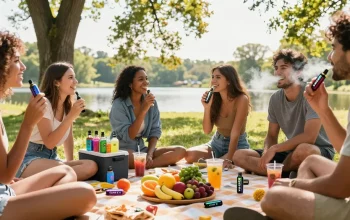 Friends enjoying GEEK Bar THC vape outdoors, surrounded by healthy snacks and a wellness atmosphere of natural elements.