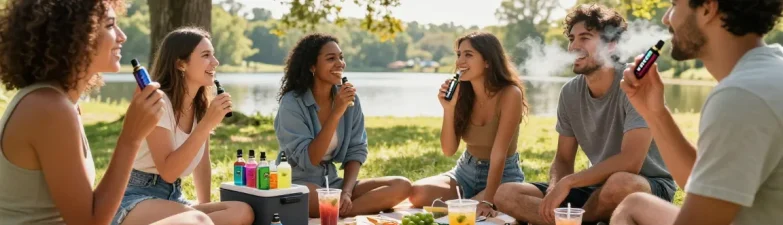 Friends enjoying GEEK Bar THC vape outdoors, surrounded by healthy snacks and a wellness atmosphere of natural elements.