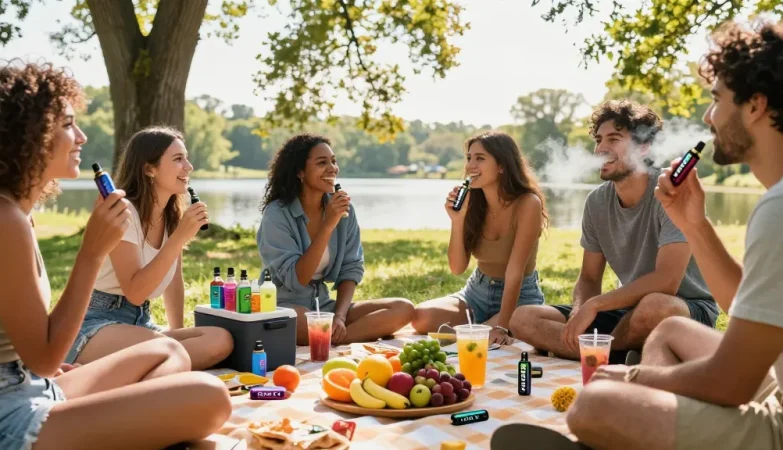Friends enjoying GEEK Bar THC vape outdoors, surrounded by healthy snacks and a wellness atmosphere of natural elements.