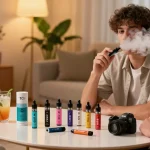 THC vape uk scene featuring two friends enjoying clean-label vaping products in a cozy living room.
