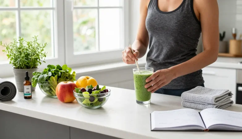 Experience geek bar thc with our premium CBD oil amidst a vibrant wellness smoothie setup.