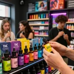 Experience the vibrant THC vape PackMan e-liquids with diverse flavors in an inviting vape shop.