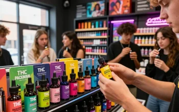 Experience the vibrant THC vape PackMan e-liquids with diverse flavors in an inviting vape shop.