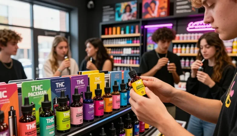 Experience the vibrant THC vape PackMan e-liquids with diverse flavors in an inviting vape shop.